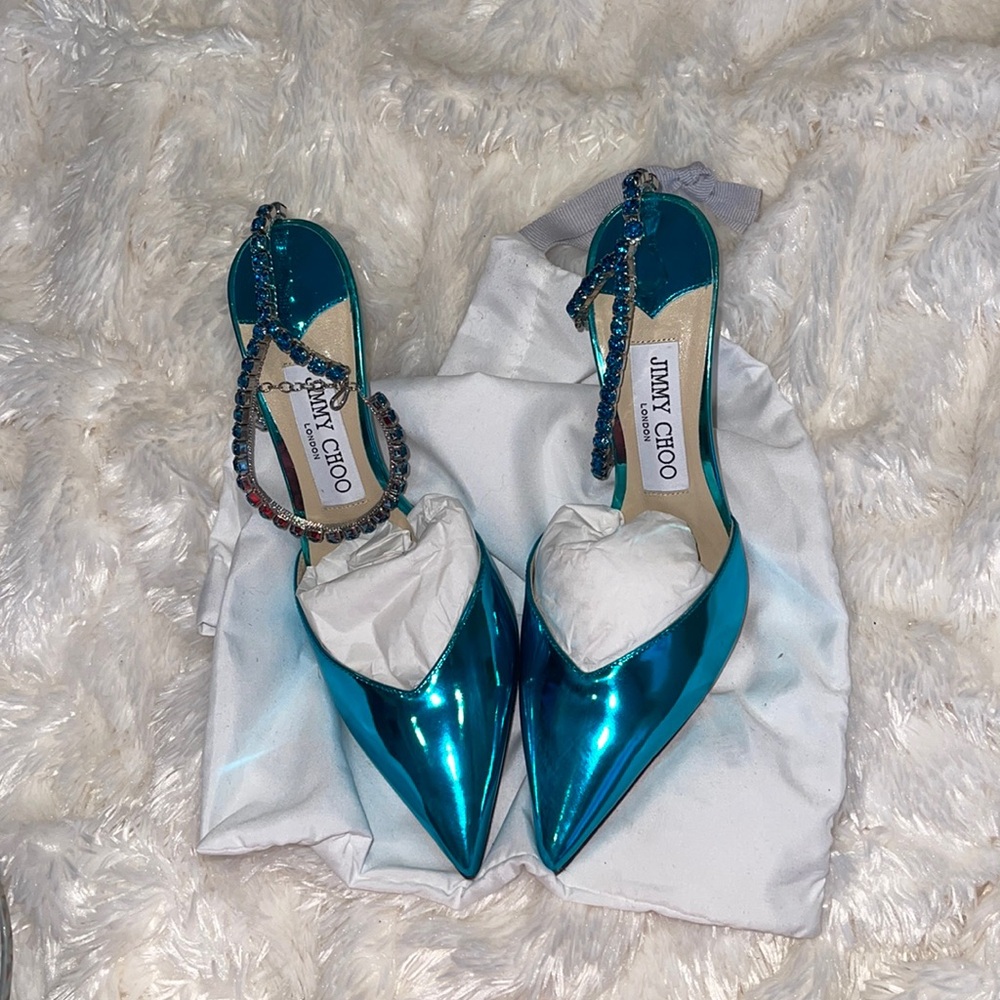 Turquoise, jimmy Choo shoes with jewels.